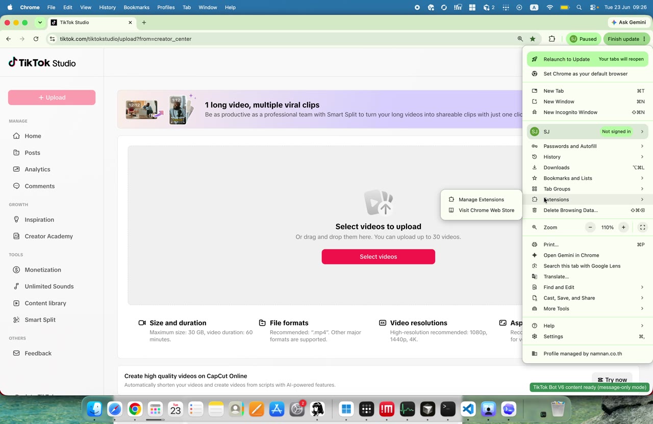 เฟรม 015 เวลา 00:37 ของ EP1: ไปหน้า extensions เพื่อจัดการการโหลดบอทแบบ unpacked/extension
